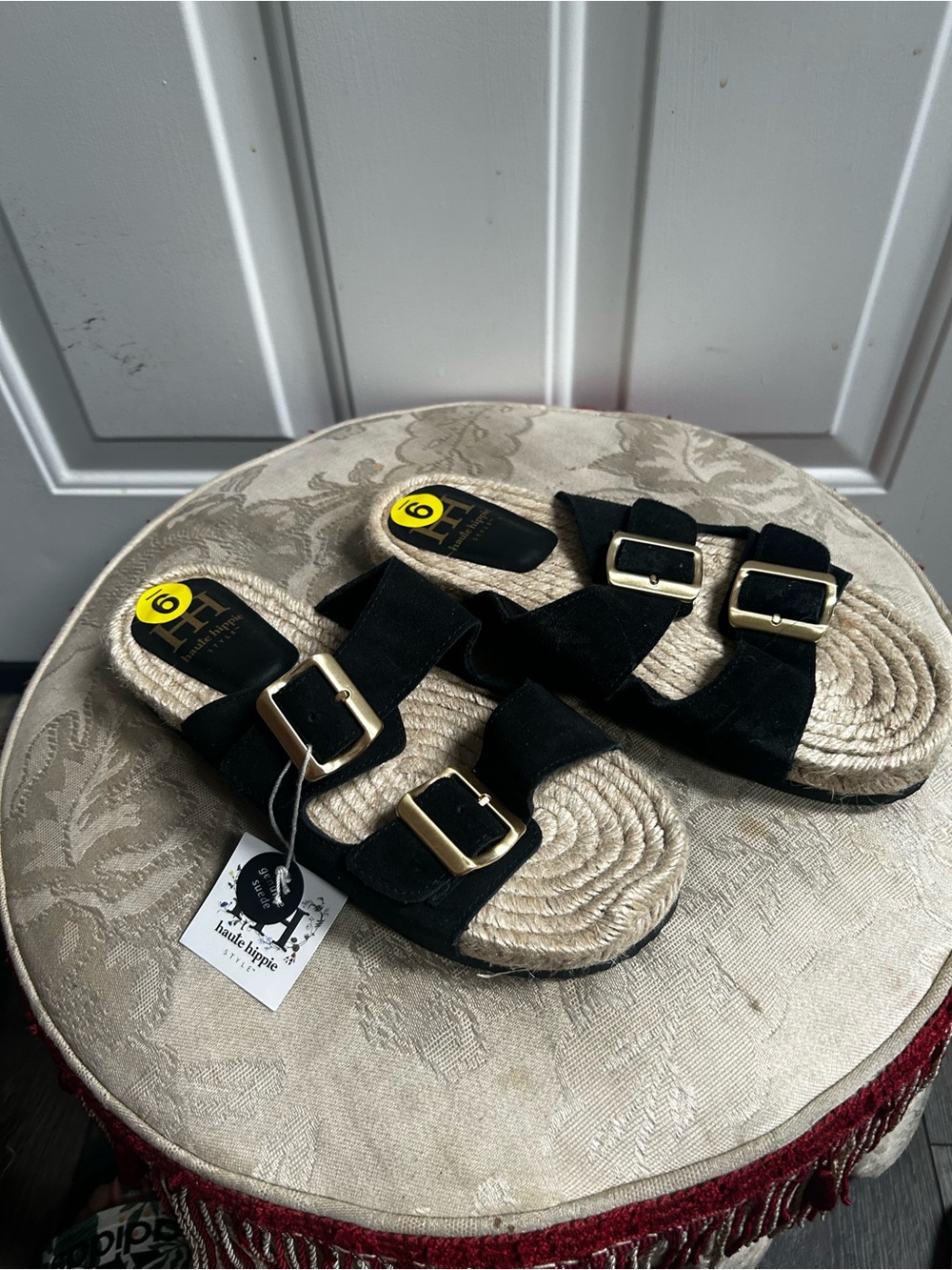 Haute Hippie Nikki Black Double Buckle Espadrille Slide Sandals Sz 9